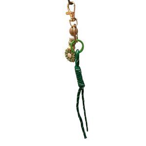 Beaded Keychain With Green Rope Gold Clip & Green Daisy Charm For Accessories Or